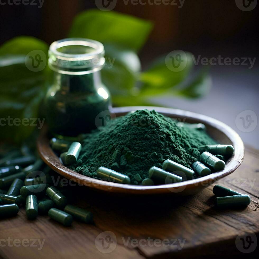 ai generiert Spirulina Pulver und Spirulina Kapsel. foto