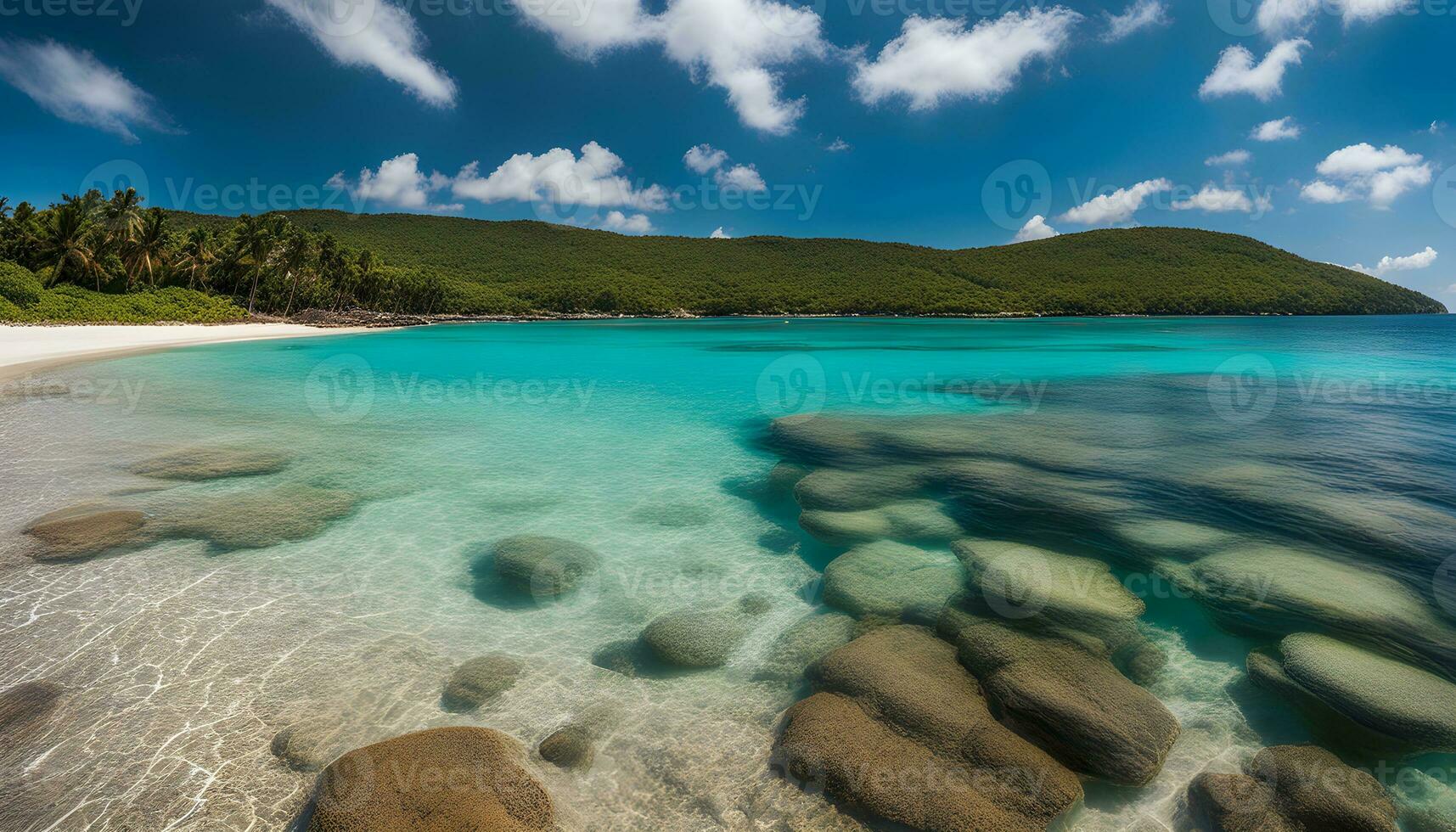 ai generiert ein schön Strand mit klar Wasser und Felsen foto