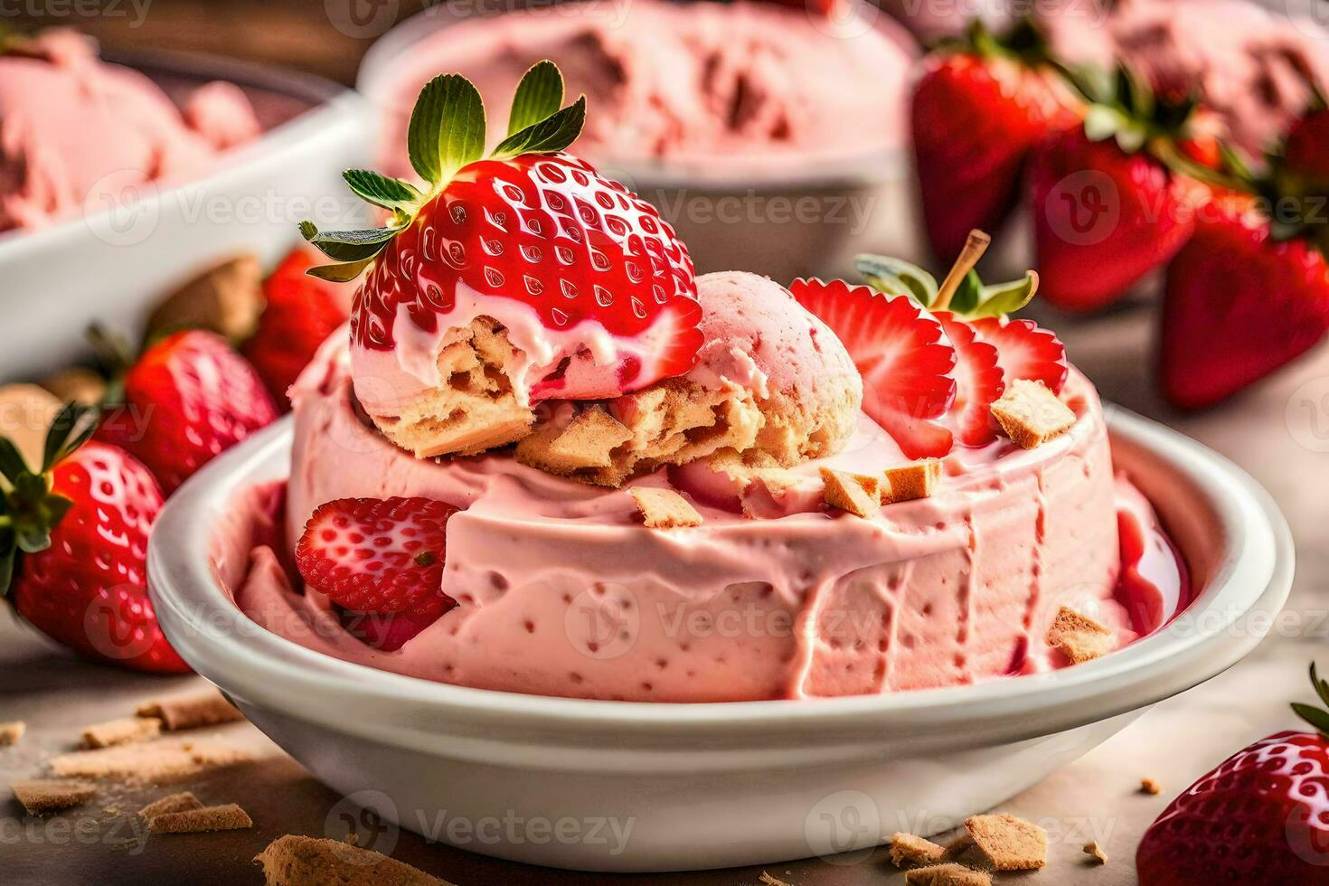ai generiert ein Schüssel von Erdbeere Eis Sahne mit Erdbeeren foto
