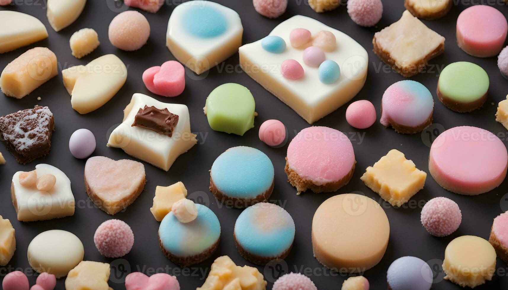 ai generiert ein Vielfalt von bunt Süßigkeiten auf ein schwarz Hintergrund foto