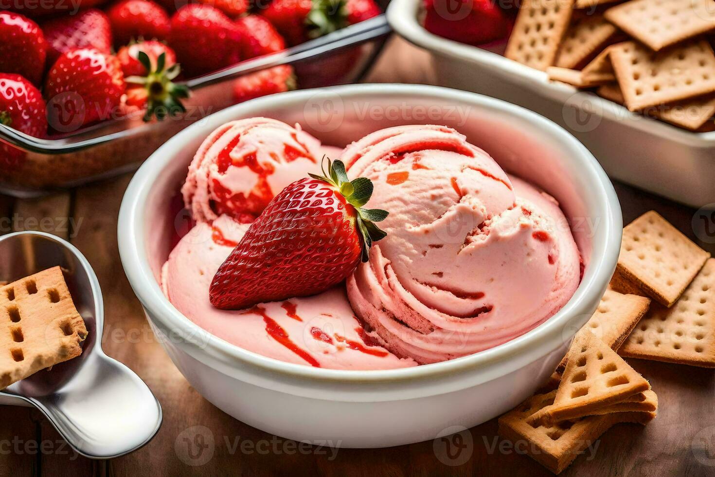 ai generiert ein Schüssel von Erdbeere Eis Sahne mit Cracker und Erdbeeren foto