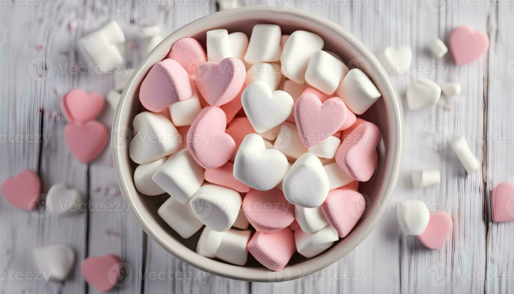 ai generiert ein Schüssel von Marshmallows mit Herzen auf oben foto