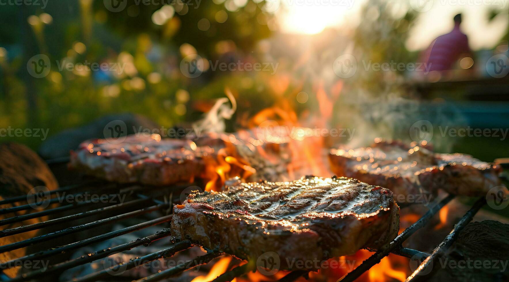 ai generiert Grill Grill Familie Picknick Party auf das Strand mit Spieße von Fleisch und Fleisch Steaks Über Holzkohle foto