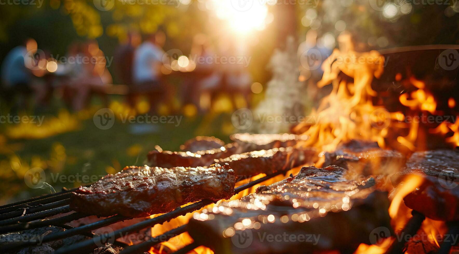 ai generiert Grill Grill Familie Picknick Party auf das Strand mit Spieße von Fleisch und Fleisch Steaks Über Holzkohle foto