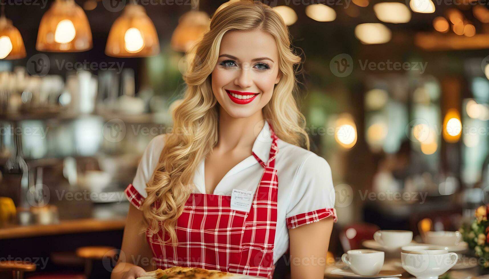 ai generiert ein Frau im ein Schürze halten ein Teller von Essen foto