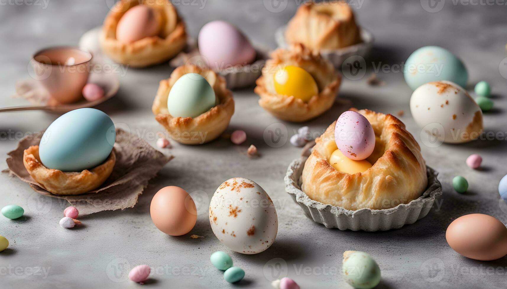 ai generiert Ostern Eier im Gebäck Muscheln auf ein Tabelle foto