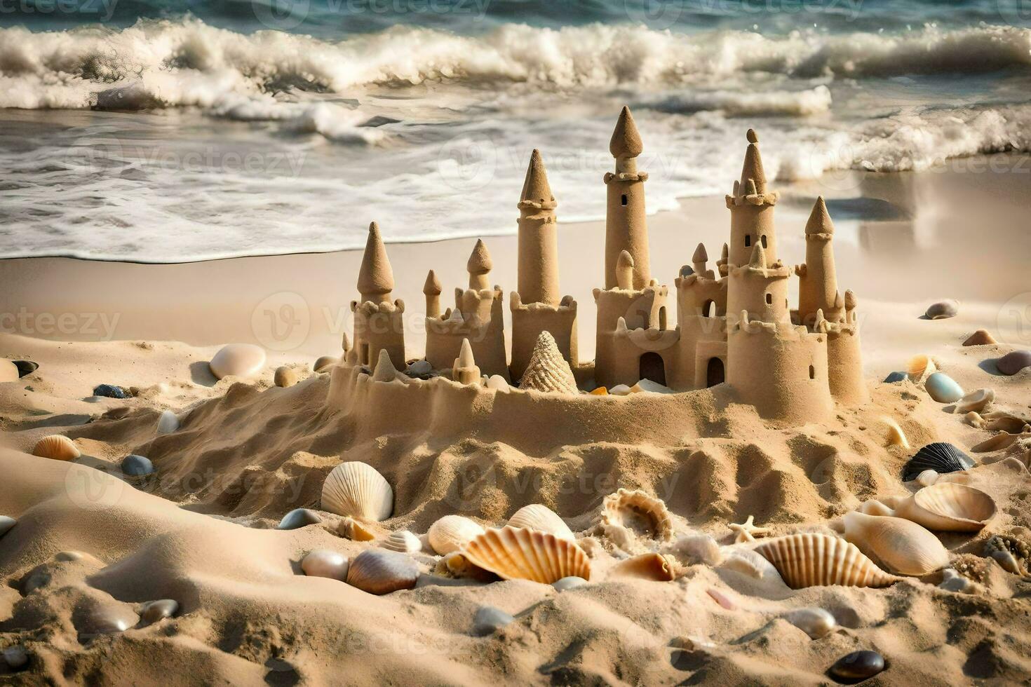 ai generiert Sand Schloss auf das Strand foto