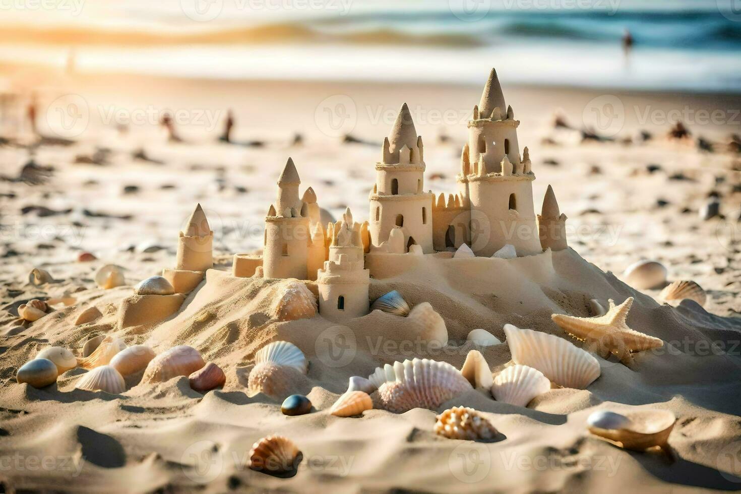 ai generiert Sand Schloss auf das Strand foto