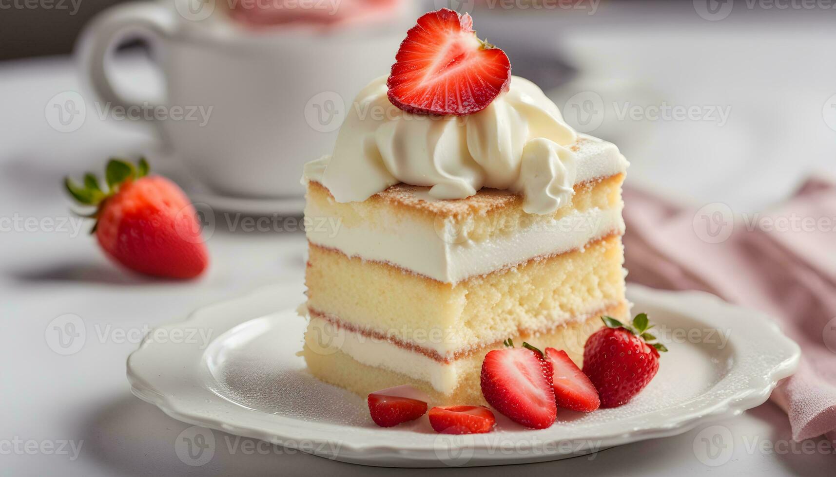 ai generiert ein Scheibe von Kuchen mit ausgepeitscht Sahne und Erdbeeren foto