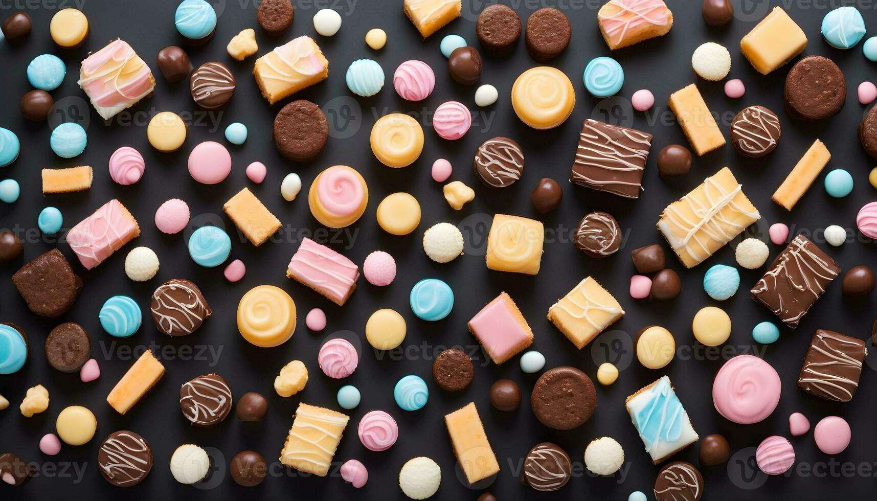 ai generiert viele anders Typen von Süßigkeiten auf ein schwarz Hintergrund foto
