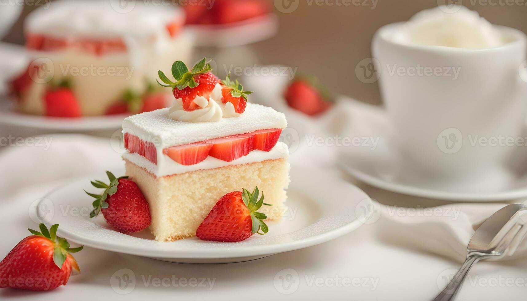 ai generiert ein Stück von Kuchen mit Erdbeeren auf oben foto