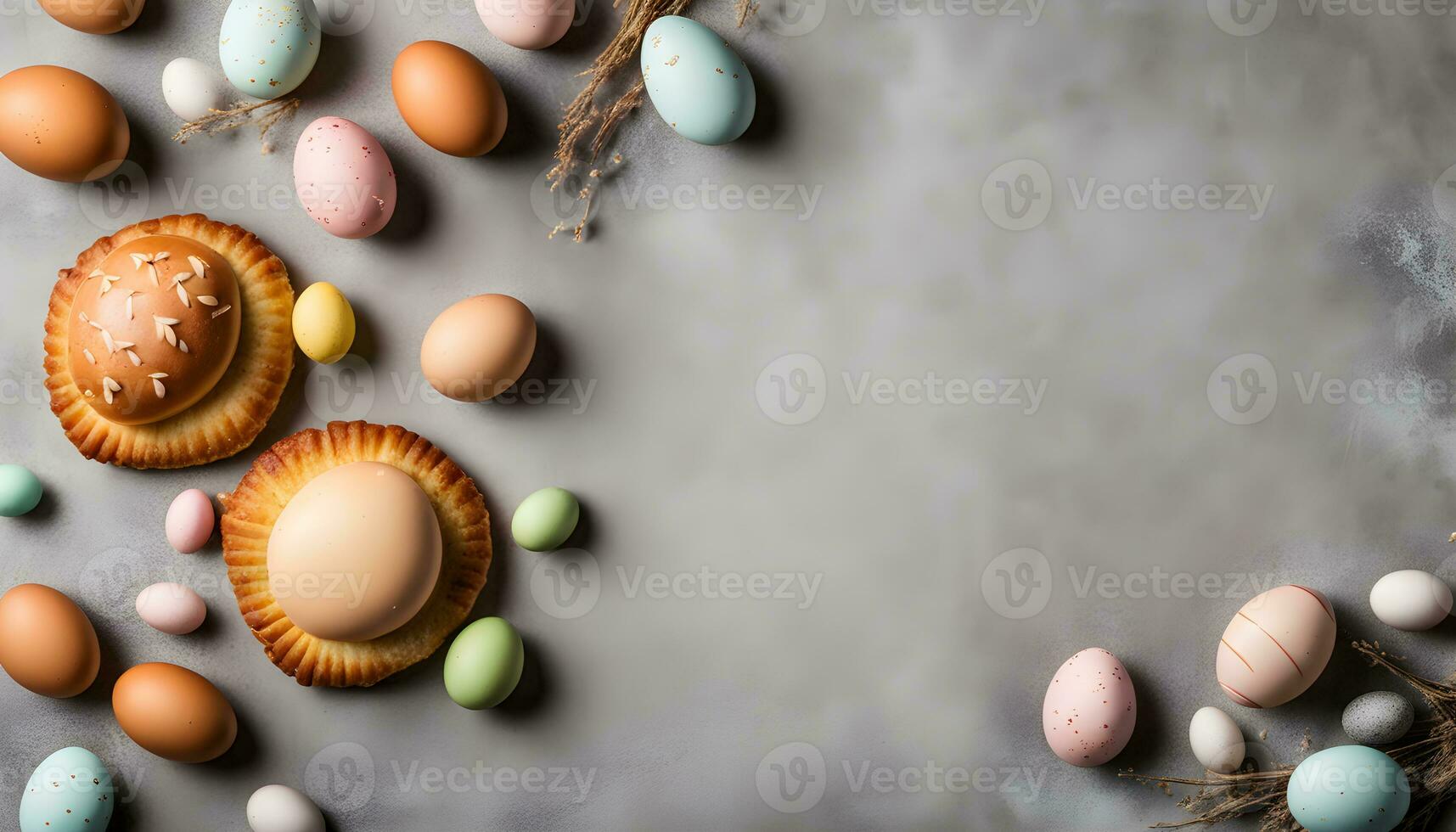 ai generiert Ostern Eier und Gebäck auf ein grau Hintergrund foto