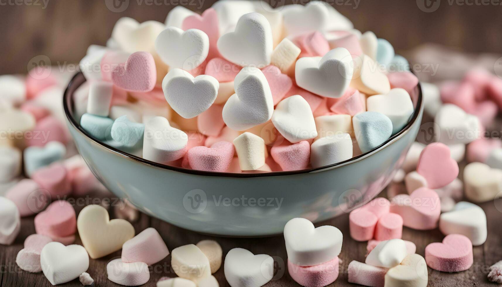 ai generiert ein Schüssel von Marshmallows auf ein hölzern Tabelle foto