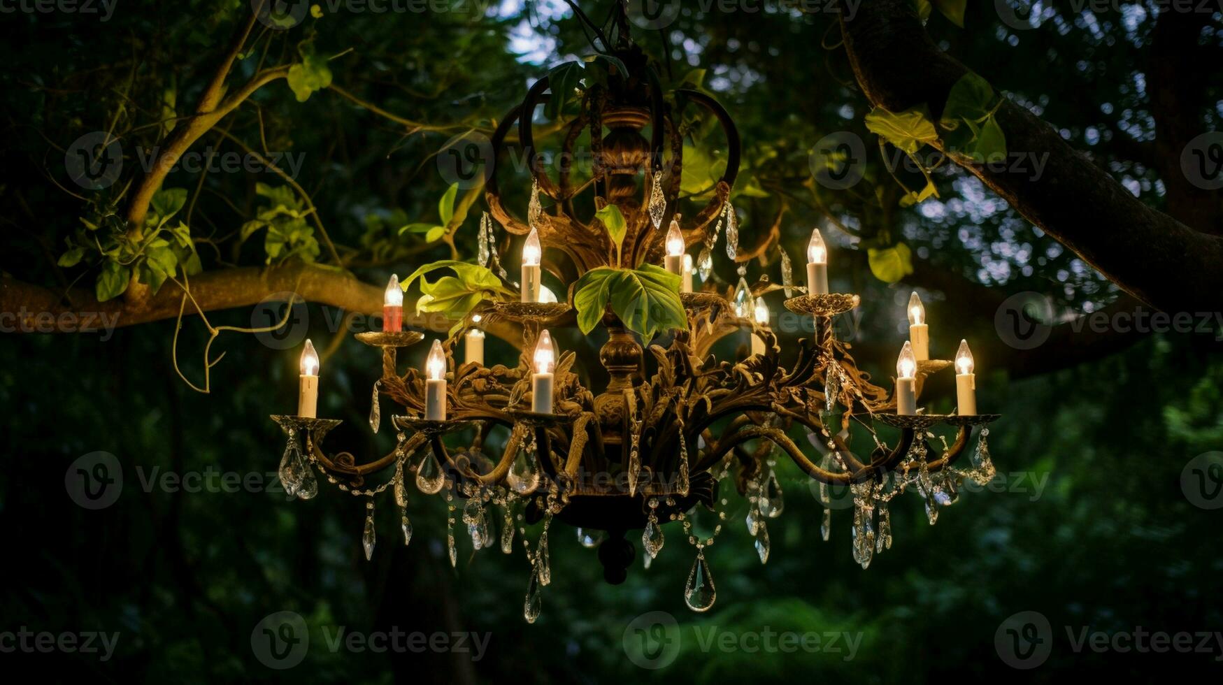 ai generiert das schön Jahrgang hölzern Leuchter hängt von ein Baum im das Garten. foto