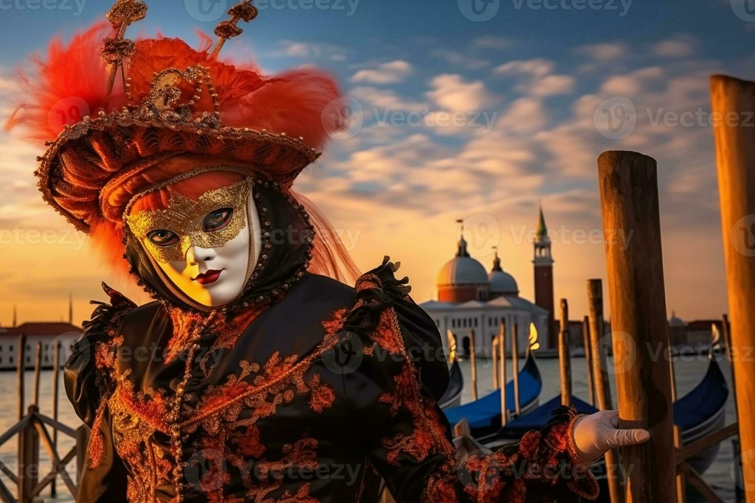 ai generiert Person im venezianisch Karneval Maske beim Sonnenuntergang foto