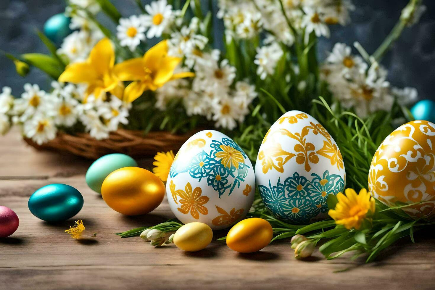 ai generiert Ostern Eier und Blumen auf ein hölzern Tabelle foto