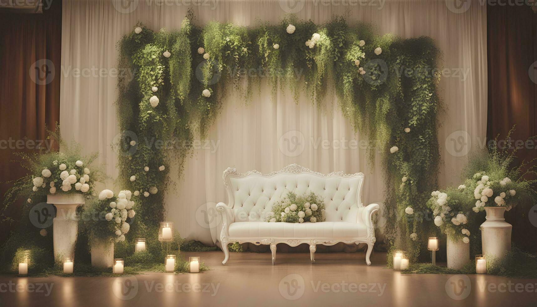 ai generiert ein Weiß Couch mit Kerzen und Blumen auf es foto