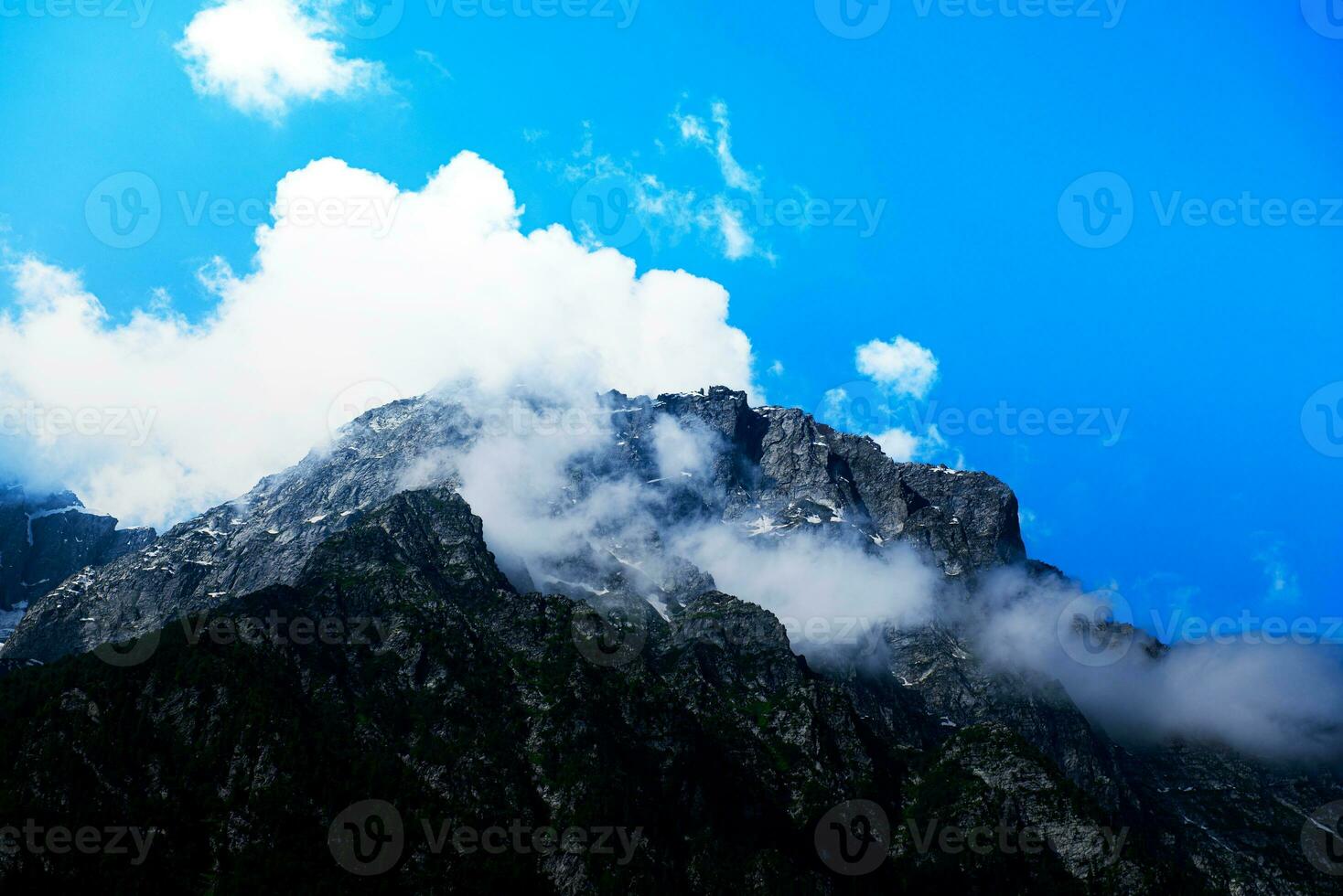 Landschaft im das Berge. Panorama- Aussicht von das oben von sonmarg, Kaschmir Senke im das Himalaya Region. Wiesen, alpin Bäume, Wildblumen und Schnee auf Berg im Indien. Konzept Reise Natur. foto