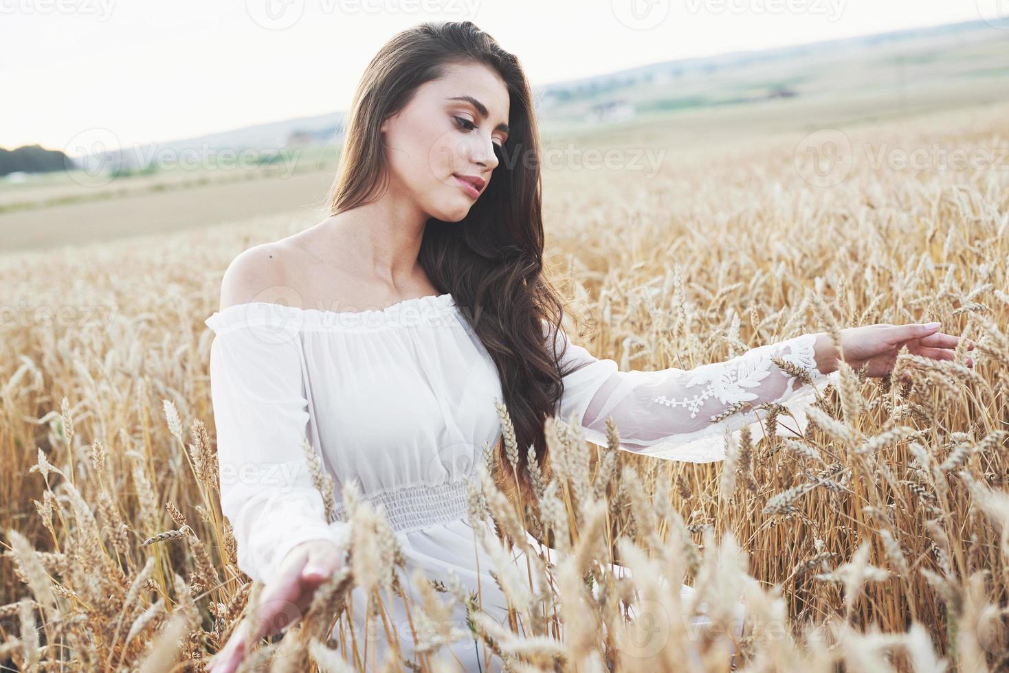 schönes Mädchen in einem Weizenfeld in einem weißen Kleid, ein perfektes Bild im Stil des Lebensstils foto