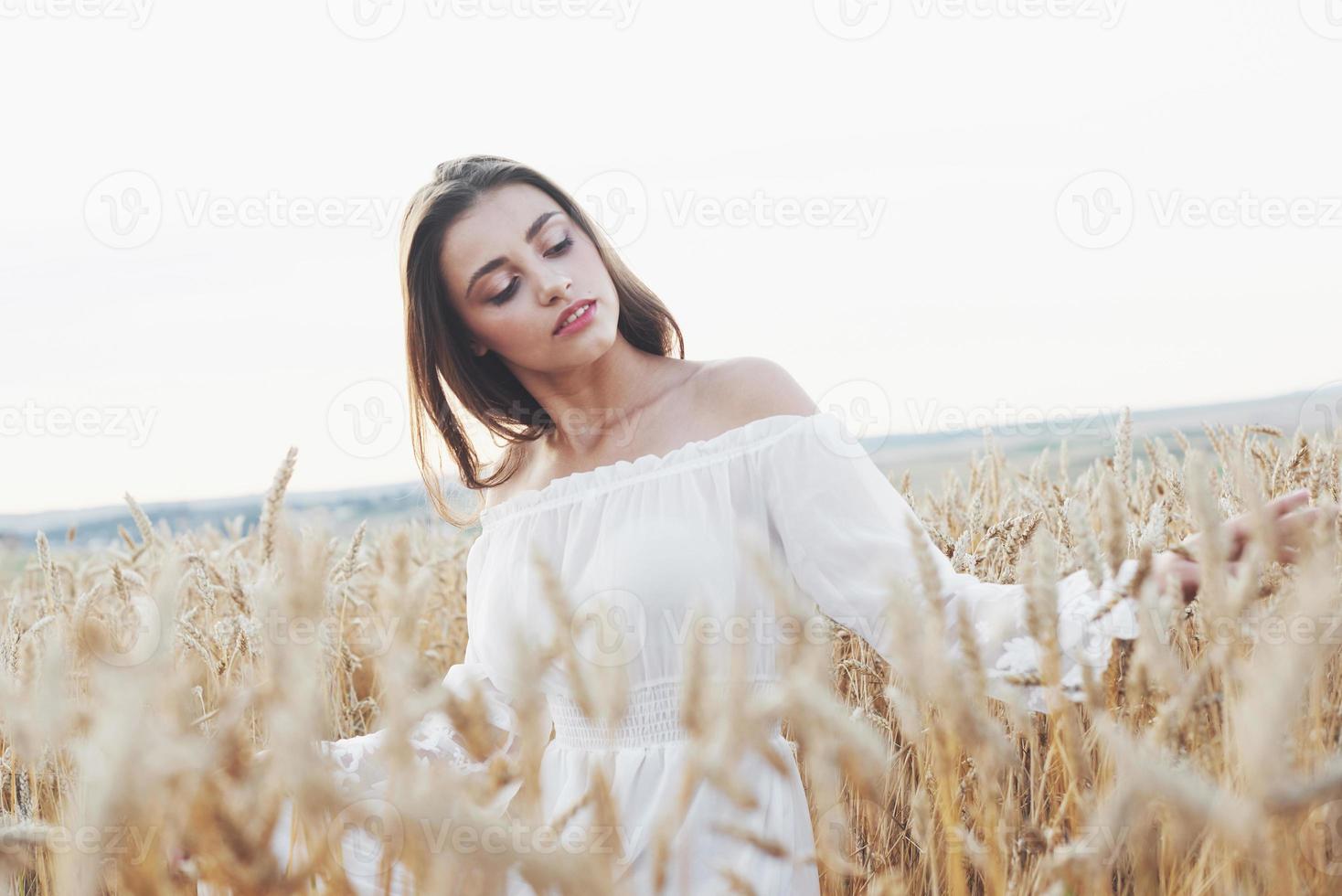 schönes Mädchen in einem Weizenfeld in einem weißen Kleid, ein perfektes Bild im Stil des Lebensstils foto