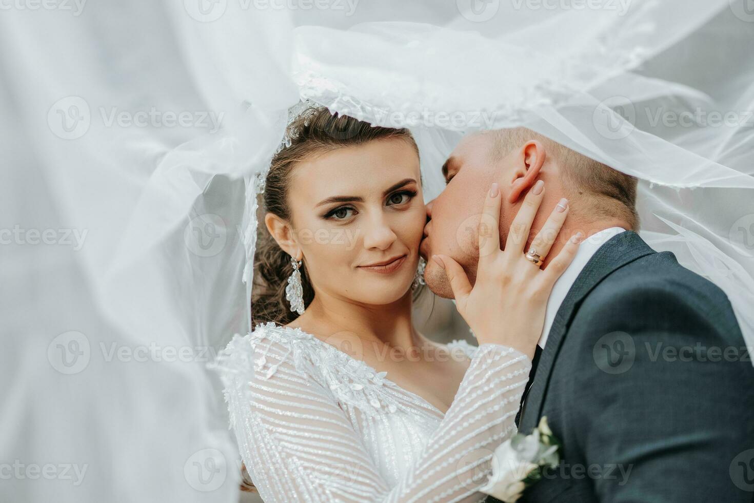 Hochzeit Porträt. ein Brünette Braut im ein lange Kleid und ein Bräutigam im ein klassisch passen Pose unter ein Schleier, er Küsse ihr auf das Wange. suchen in das Kamera foto