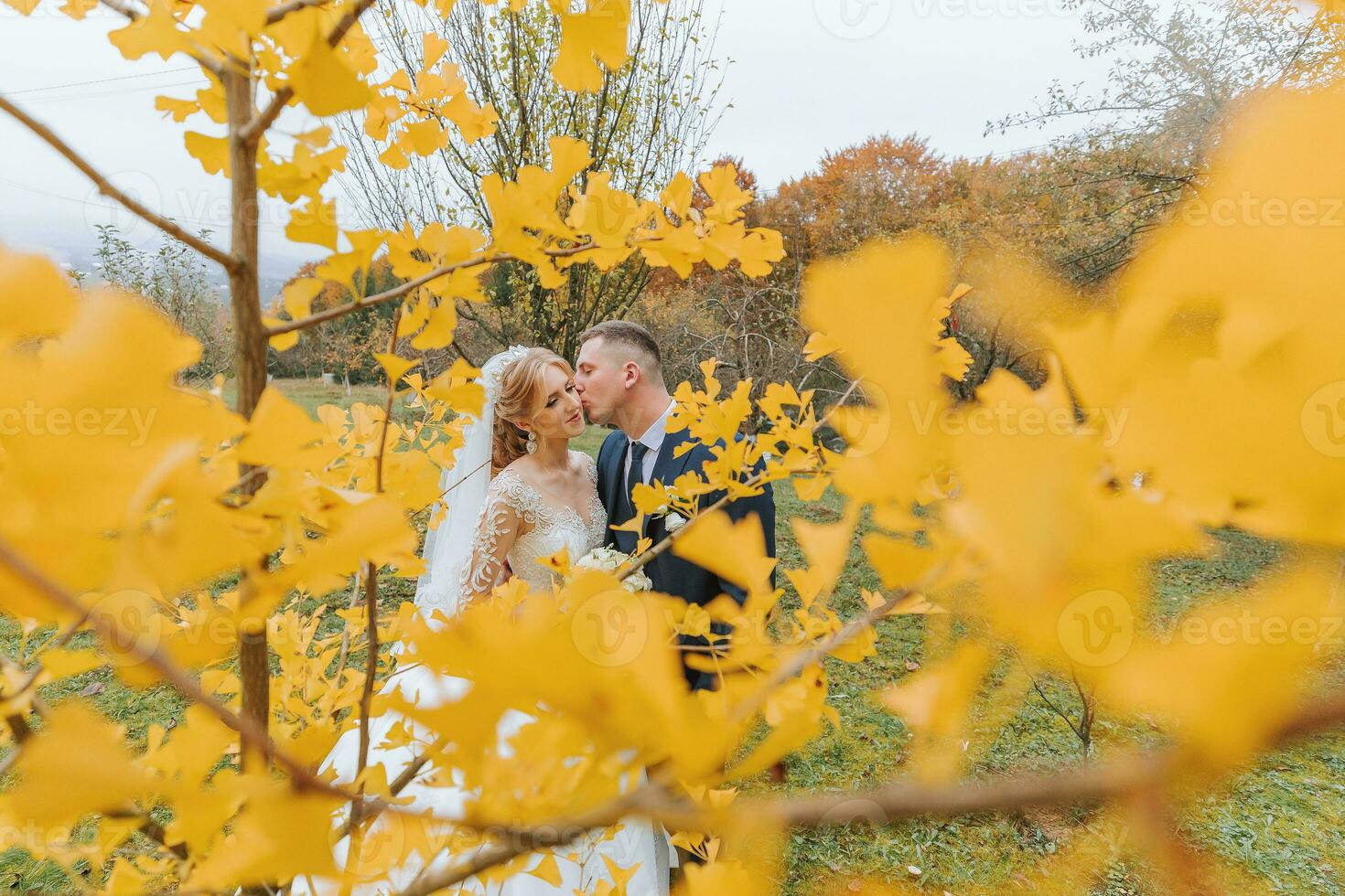 Bräutigam und Braut im Herbst Wald, Hochzeit Zeremonie, Seite Sicht. Bräutigam und Braut auf das Hintergrund von vergilbt Herbst Blätter. das Foto war genommen durch das Vergilbung Blätter von das Bäume