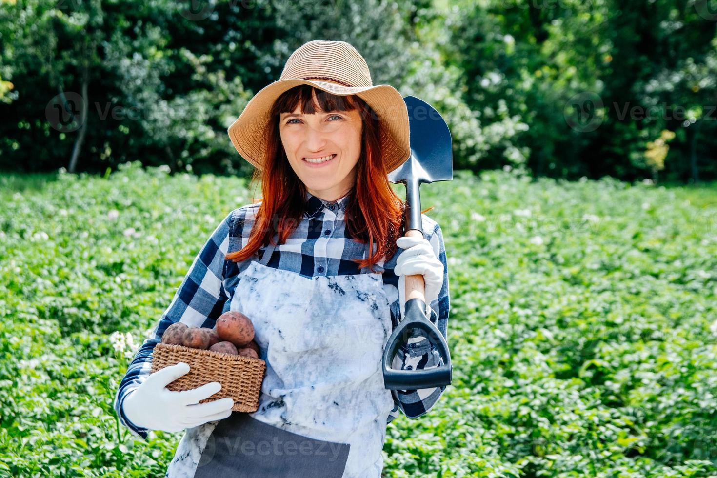 Bäuerin hält eine Kartoffel in einem Weidenkorb, trägt einen Strohhut und ist von vielen Pflanzen in ihrem Gemüsegarten umgeben foto
