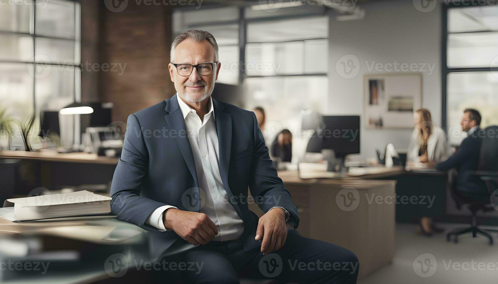 ai generiert ein Mann im ein passen Sitzung beim ein Schreibtisch im ein Büro foto