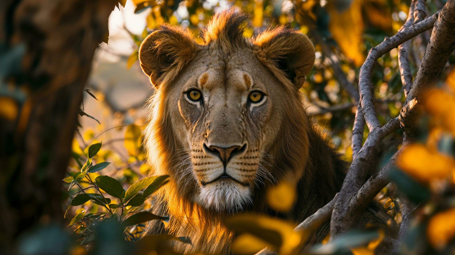 ai generiert kostenlos Foto von ein Löwe im das Dschungel während golden Stunde