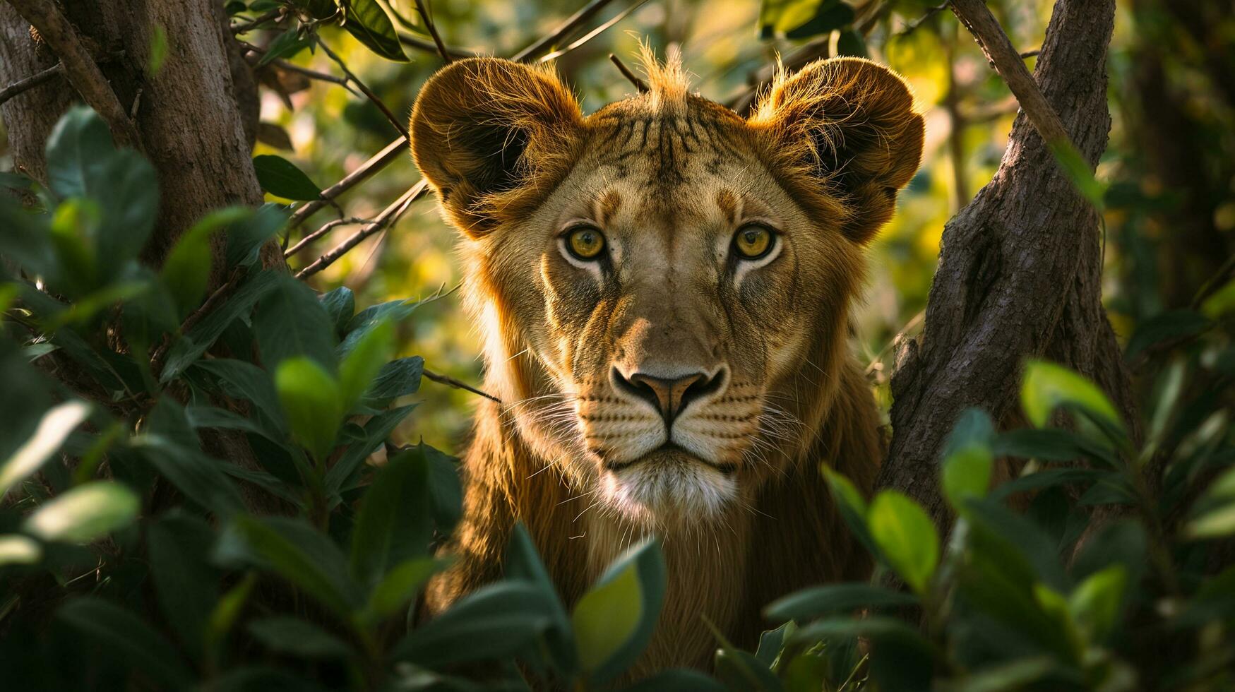 ai generiert Löwin im das Urwald suchen beim Kamera foto