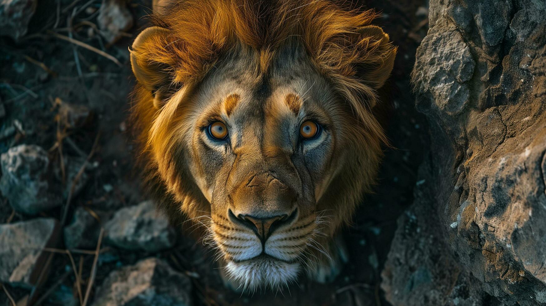 ai generiert kostenlos Foto von ein Löwe im ein felsig Umwelt suchen oben