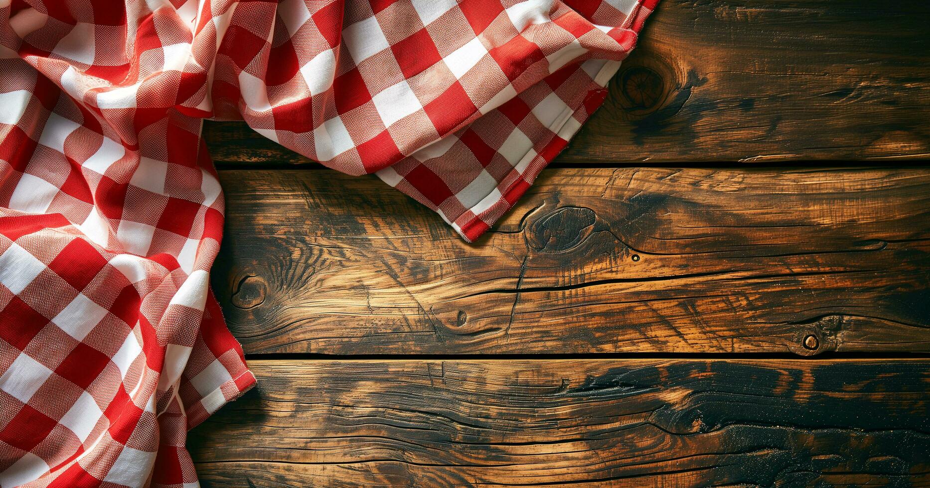 ai generiert oben Aussicht von rot kariert Tischdecke auf leer leeren hölzern Tabelle Hintergrund, Essen Konzept foto