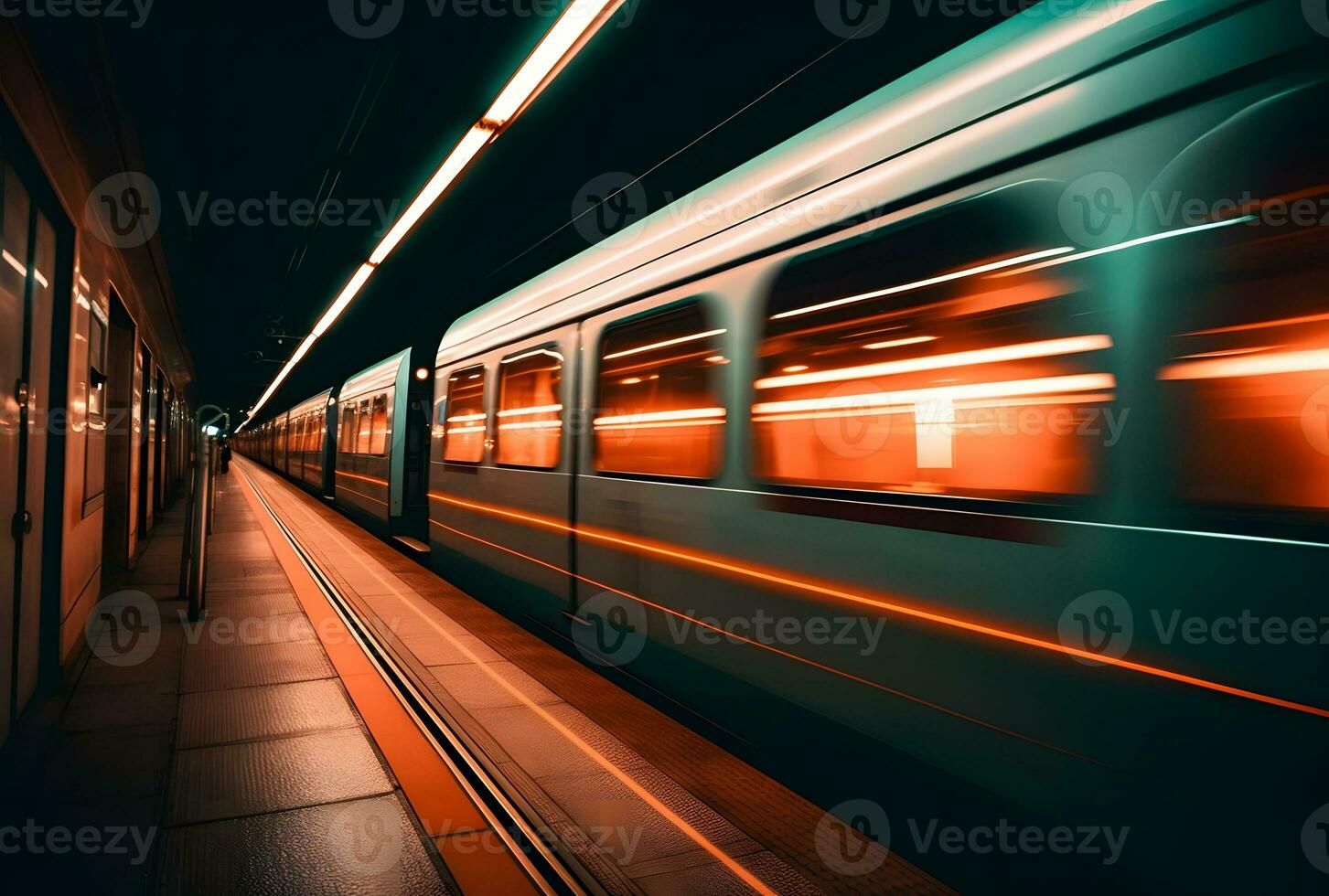 ai generiert ein schön lange Exposition von ein Zug Vorbeigehen durch beim das unter Tage Bahnhof foto