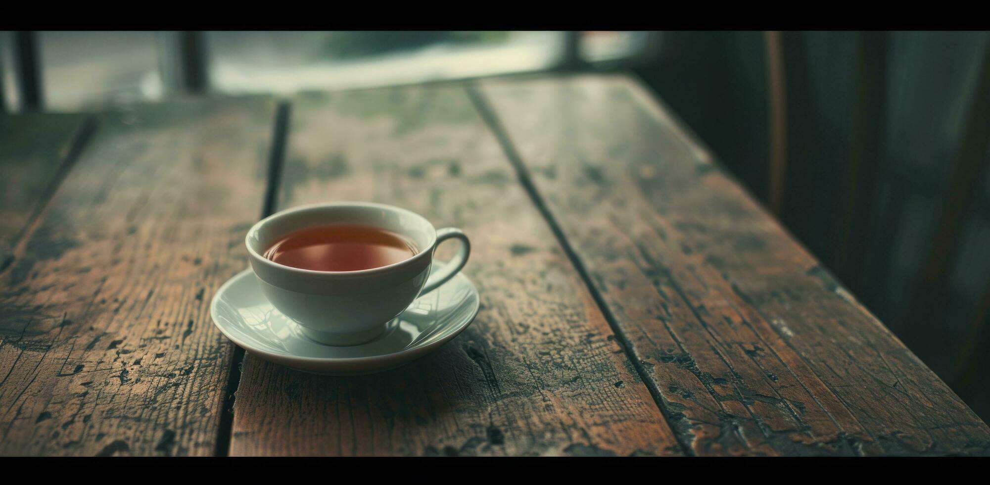 ai generiert ein Tasse von Tee und ein bündeln von getrocknet Blätter auf ein hölzern Tabelle foto