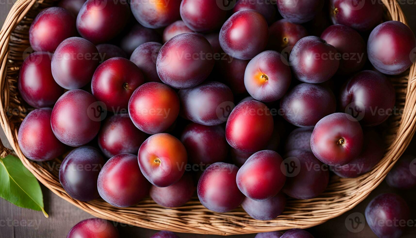 ai generiert ein Korb voll von Pflaumen auf ein hölzern Tabelle foto