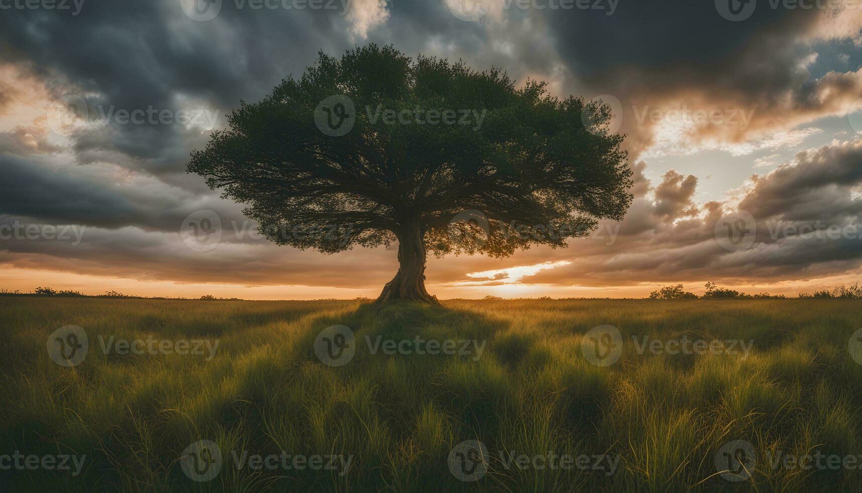ai generiert ein einsam Baum im ein Feld mit dramatisch Wolken foto