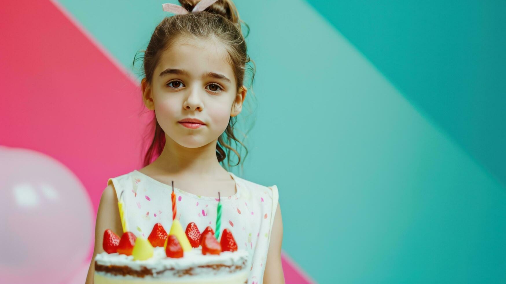 ai generiert glücklich Geburtstag wenig Mädchen mit Geburtstag Kuchen gegen lebendig minimalistisch Hintergrund foto