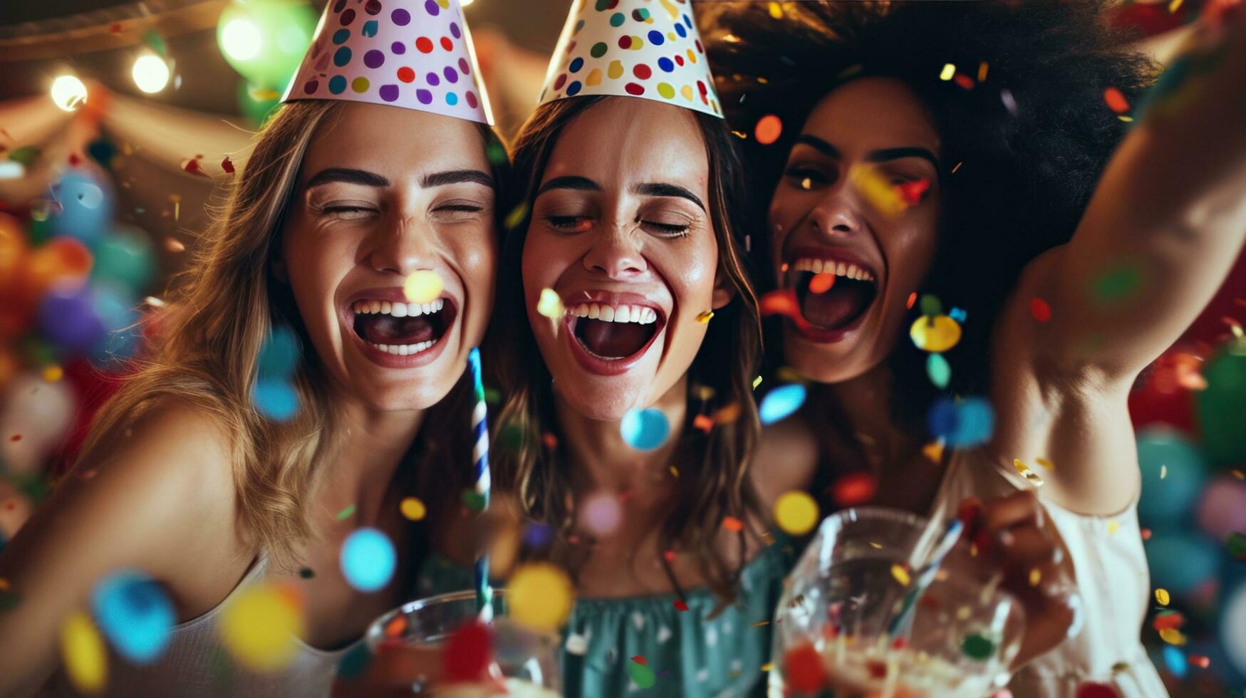 ai generiert Lachen Freunde, Party Hüte, und beschwingt Dekorationen zum ein lebhaft Geburtstag Feier foto