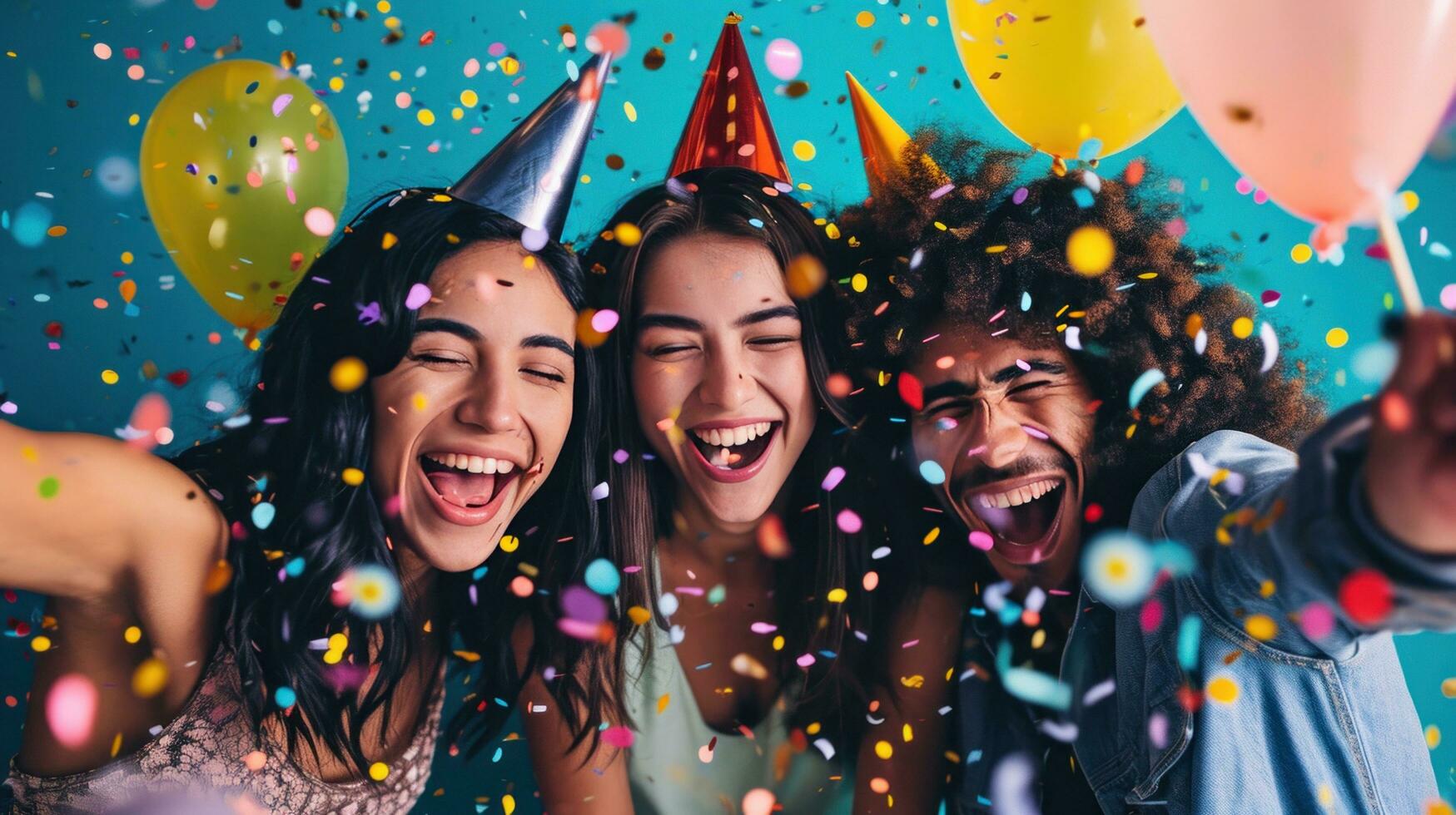 ai generiert Lachen Freunde, Party Hüte, und beschwingt Dekorationen zum ein lebhaft Geburtstag Feier foto