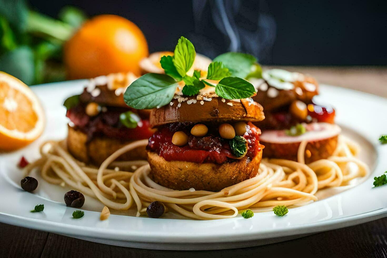 ein Teller mit Spaghetti und Fleischklößchen auf Es. KI-generiert foto