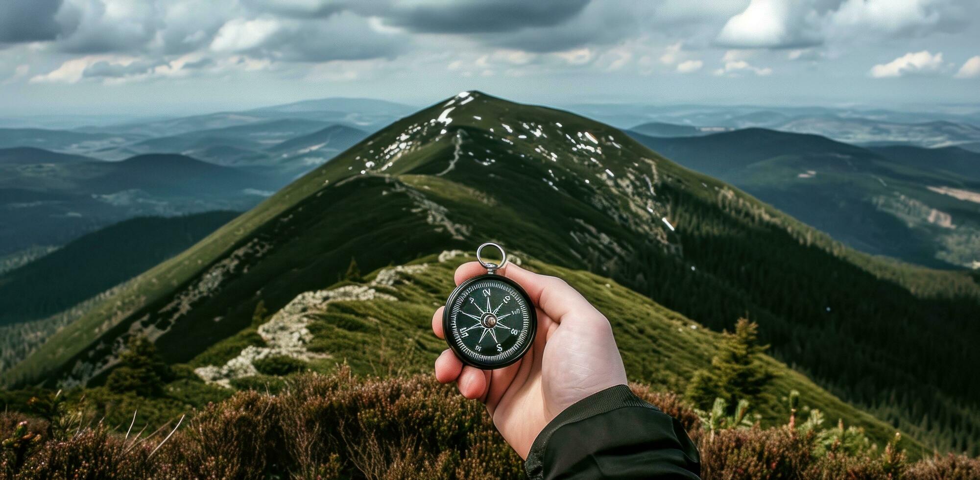 ai generiert ein Hand ist halten ein Kompass über ein schön Berg Landschaft foto
