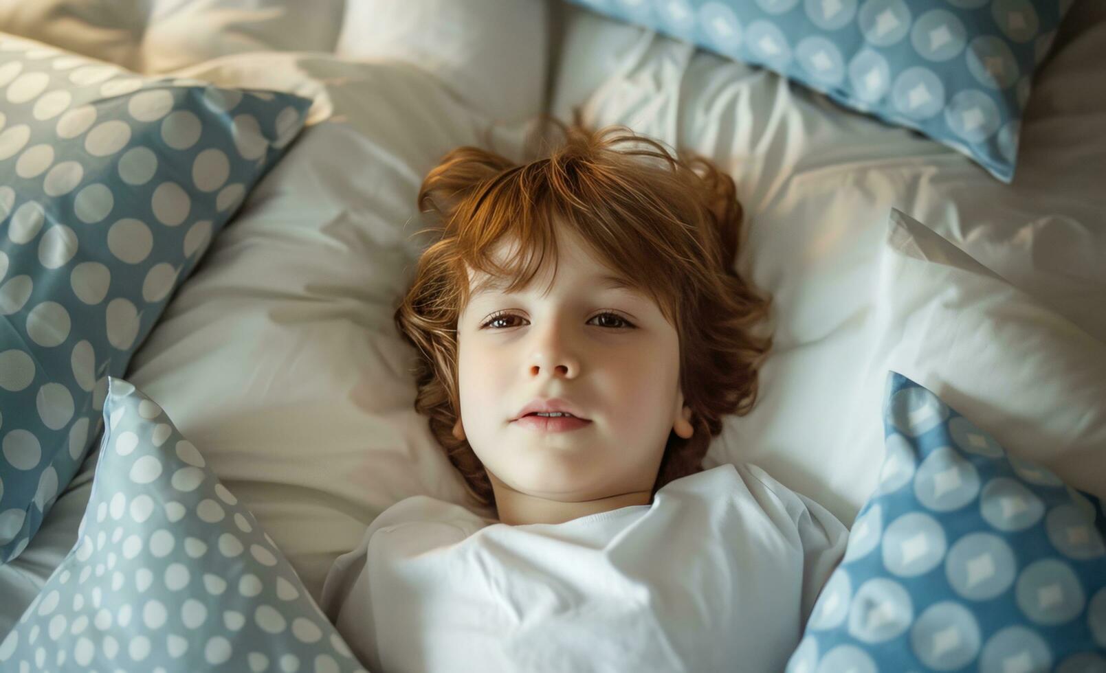 ai generiert ein wenig Junge Verlegung im Bett mit Blau und Weiß Kissen um seine Kopf foto