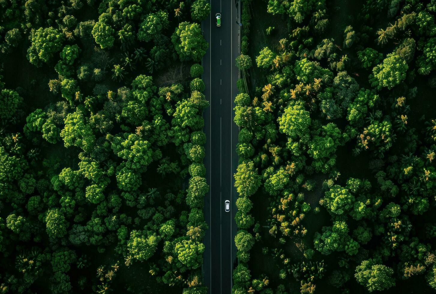 ai generiert Antenne Aussicht von ein Straße durch ein immergrün Wald foto