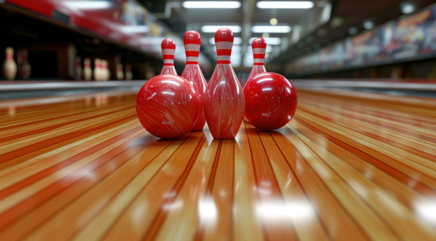 ai generiert Bowling Ball beim das Vorderseite von ein Stifte mit viele andere Bowling Bälle foto