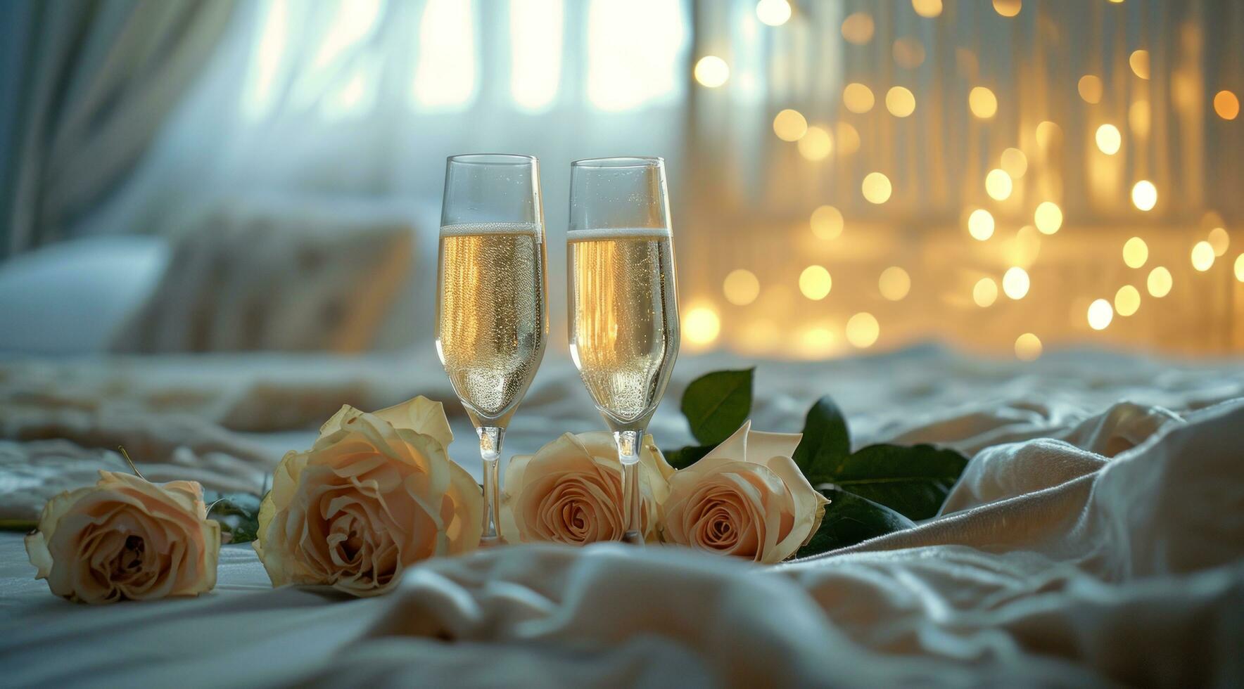ai generiert Glas von Champagner und Brille auf das Bett Nächster zu etwas Rosen foto
