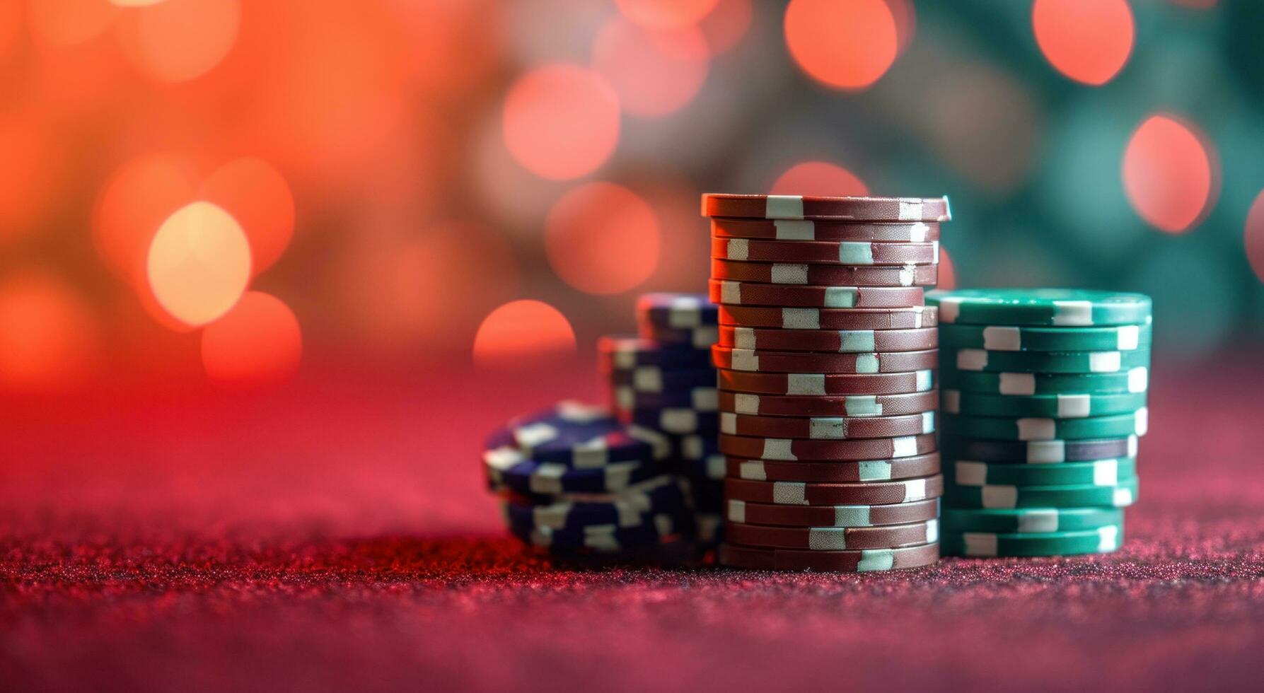 ai generiert gestapelt oben Poker Chips auf Oberfläche von rot Hintergrund foto