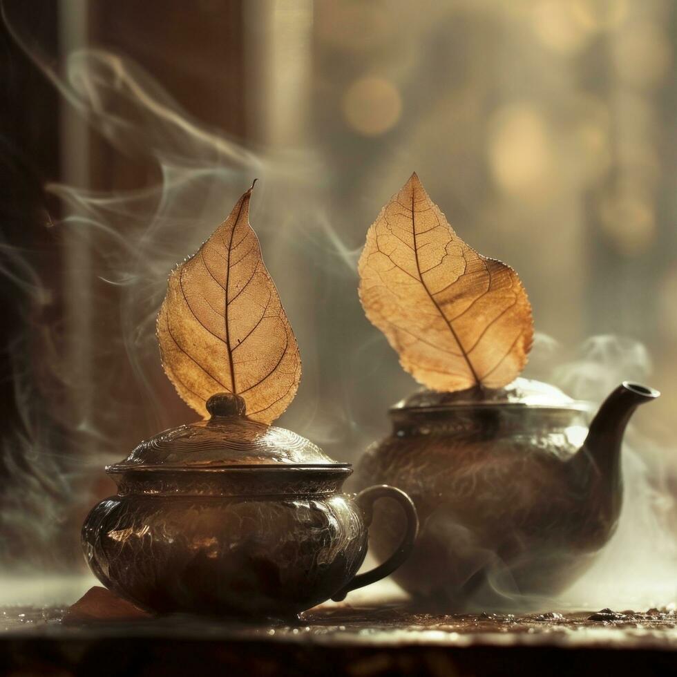 ai generiert zwei Tee Blätter auf ein Topf von Tee foto