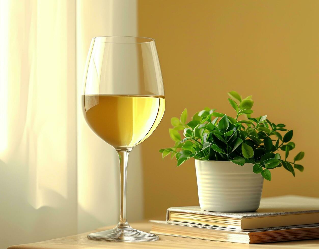 ai generiert Wein Glas im Vorderseite von Bücher, Licht Gelb und Weiss, detailliert Laub foto