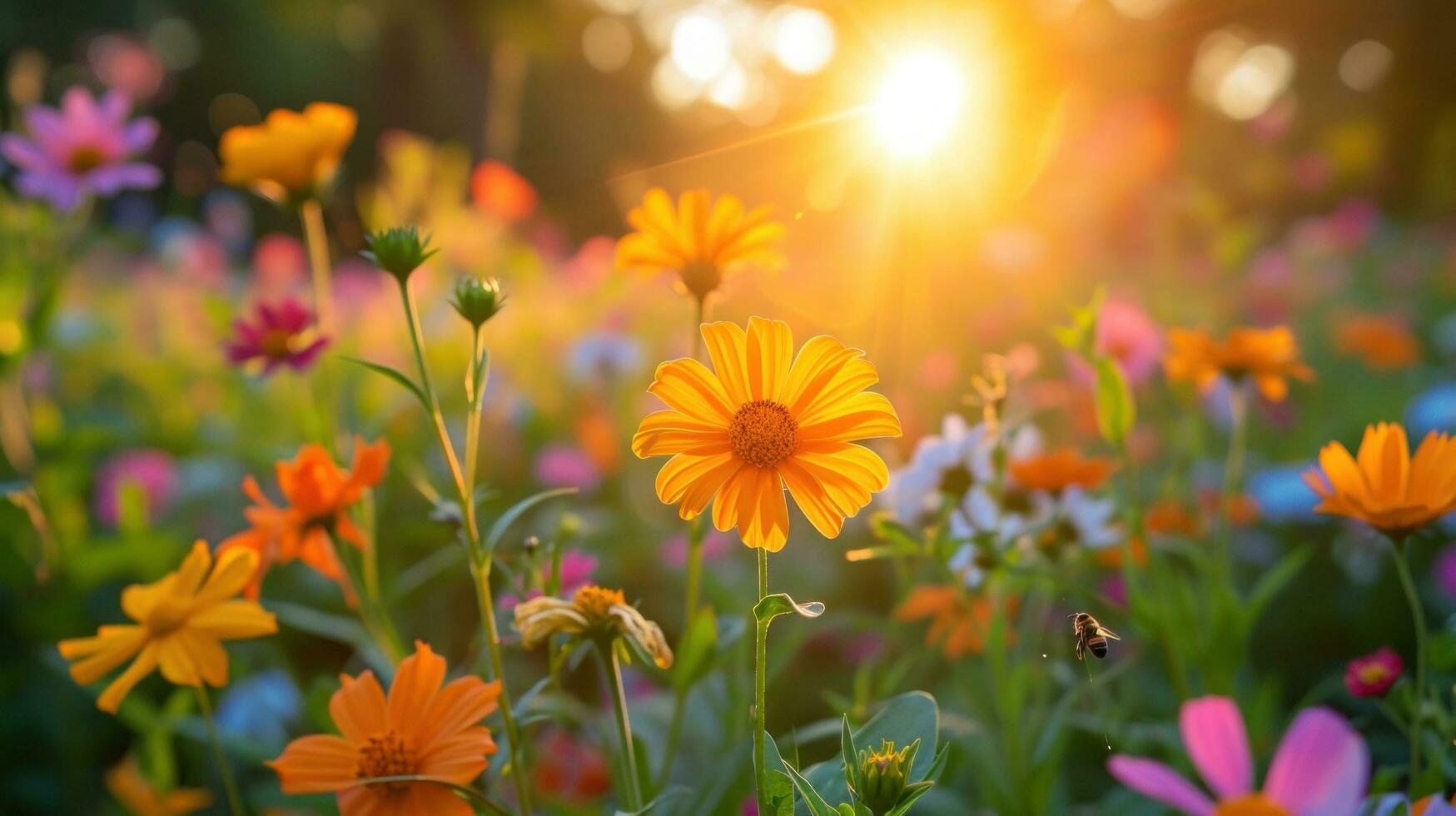 ai generiert Wildblumen, Summen Bienen, und ein beschwingt Sonne bringen Frühling lebhaft Geist foto