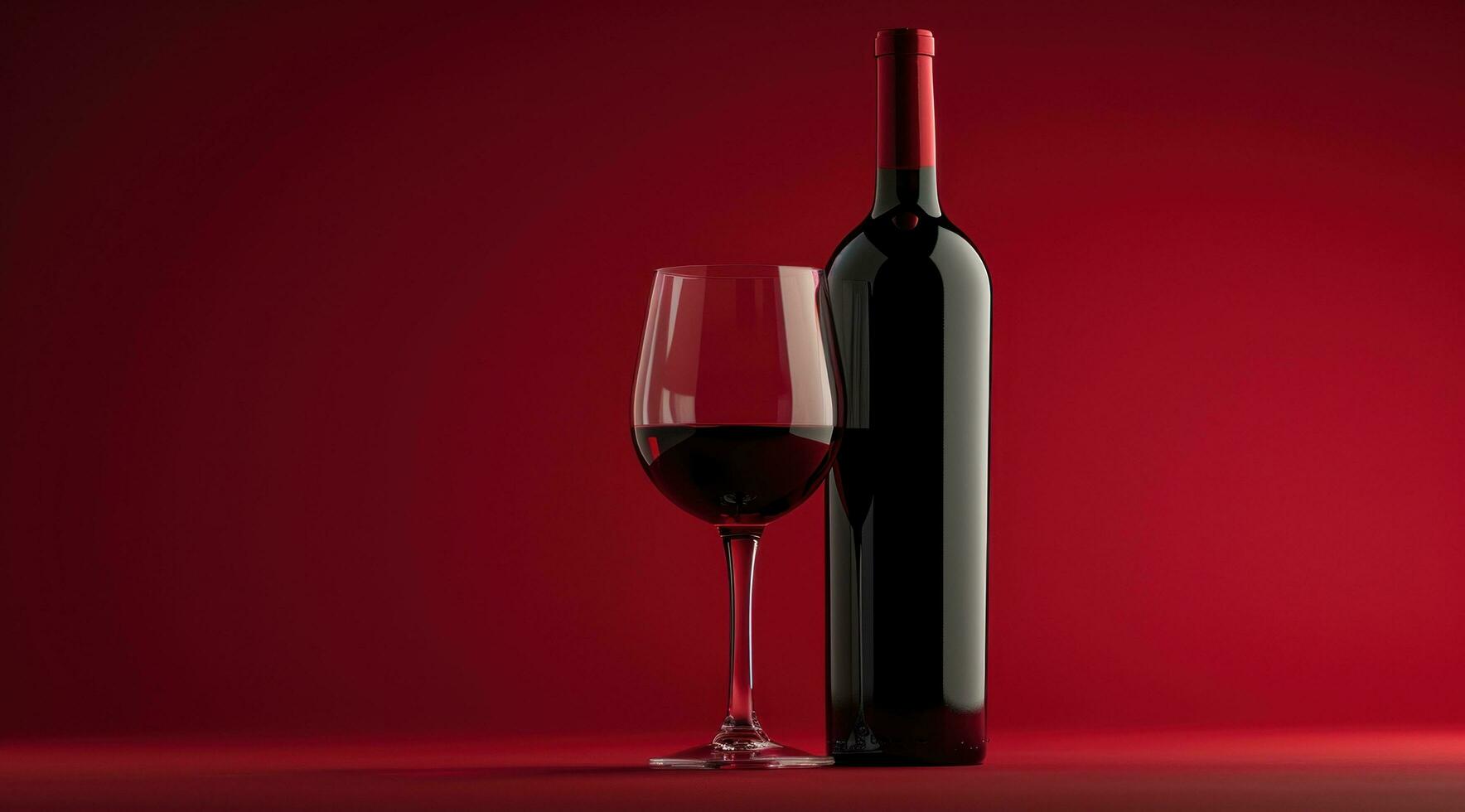 ai generiert rot Wein Flasche und Glas von rot Wein auf ein rot Hintergrund foto